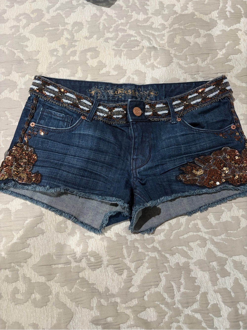 Express Dark Blue Embellished Denim Shorts with Beaded Waist